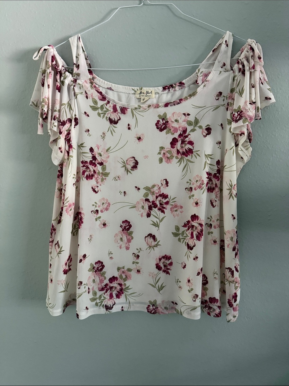 Ultra Flirt Cream Floral Tie-Shoulder Camisole with Pink and Burgundy Flowers